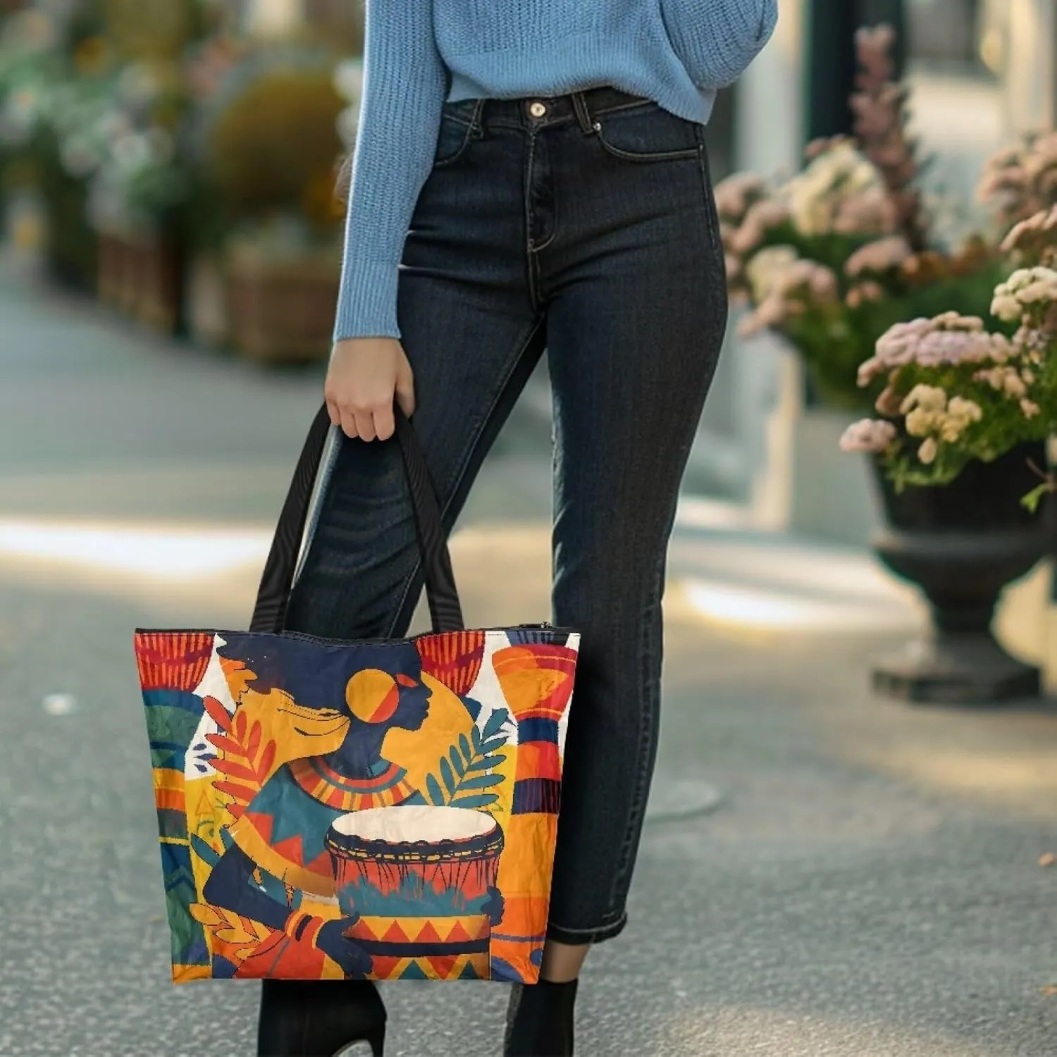 Large Tote Bag for Women African Style Zipper Work Tote Handbag, Ethnic Style Shoulder Bag for Travel,School