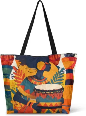 Large Tote Bag for Women African Style Zipper Work Tote Handbag, Ethnic Style Shoulder Bag for Travel,School