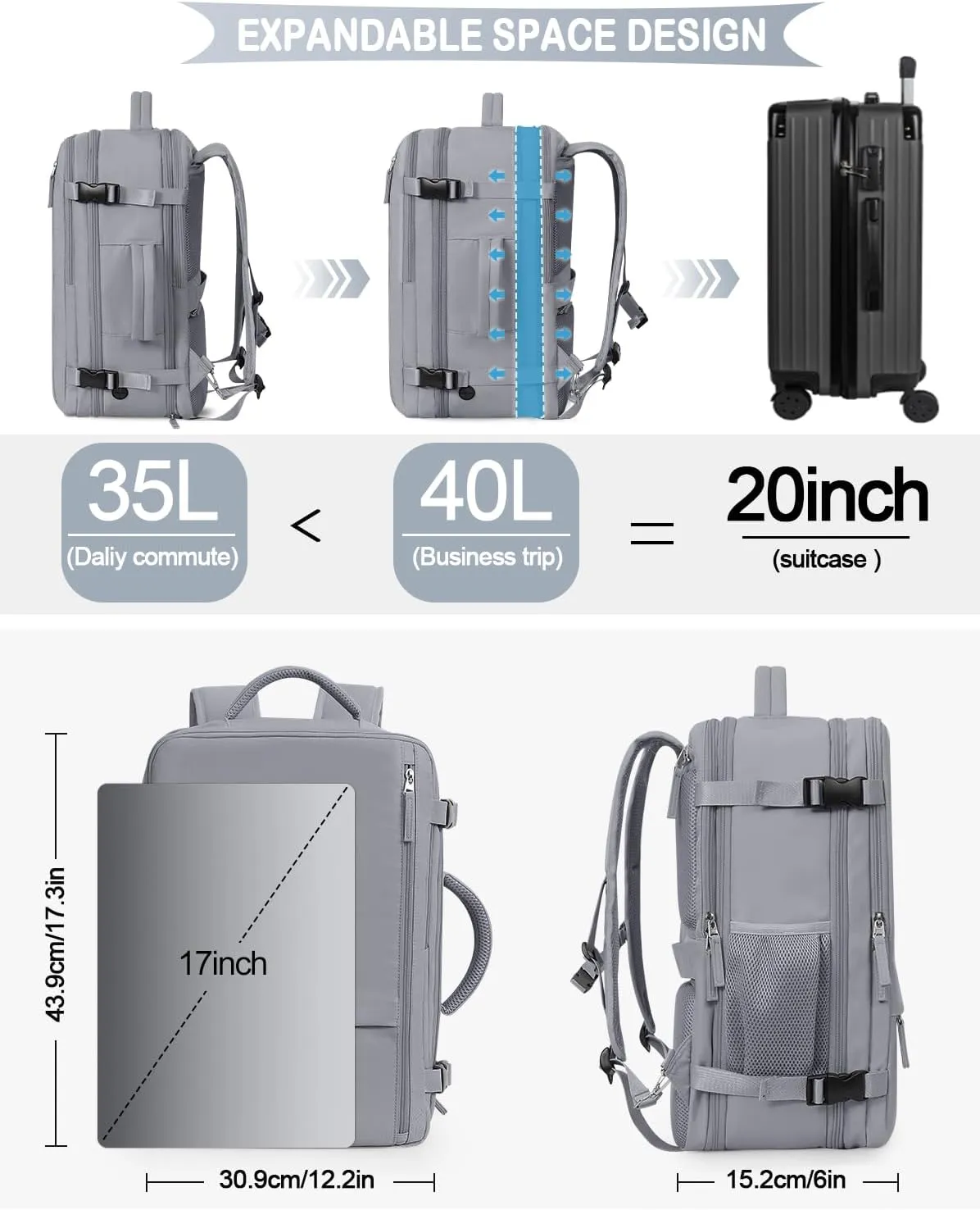 Large Travel Backpack, Carry On Backpack for Men Women, 17 Inch Laptop Backpack,40L Waterproof Backpack Airline Approved, Person Item Bag (Dark grey)