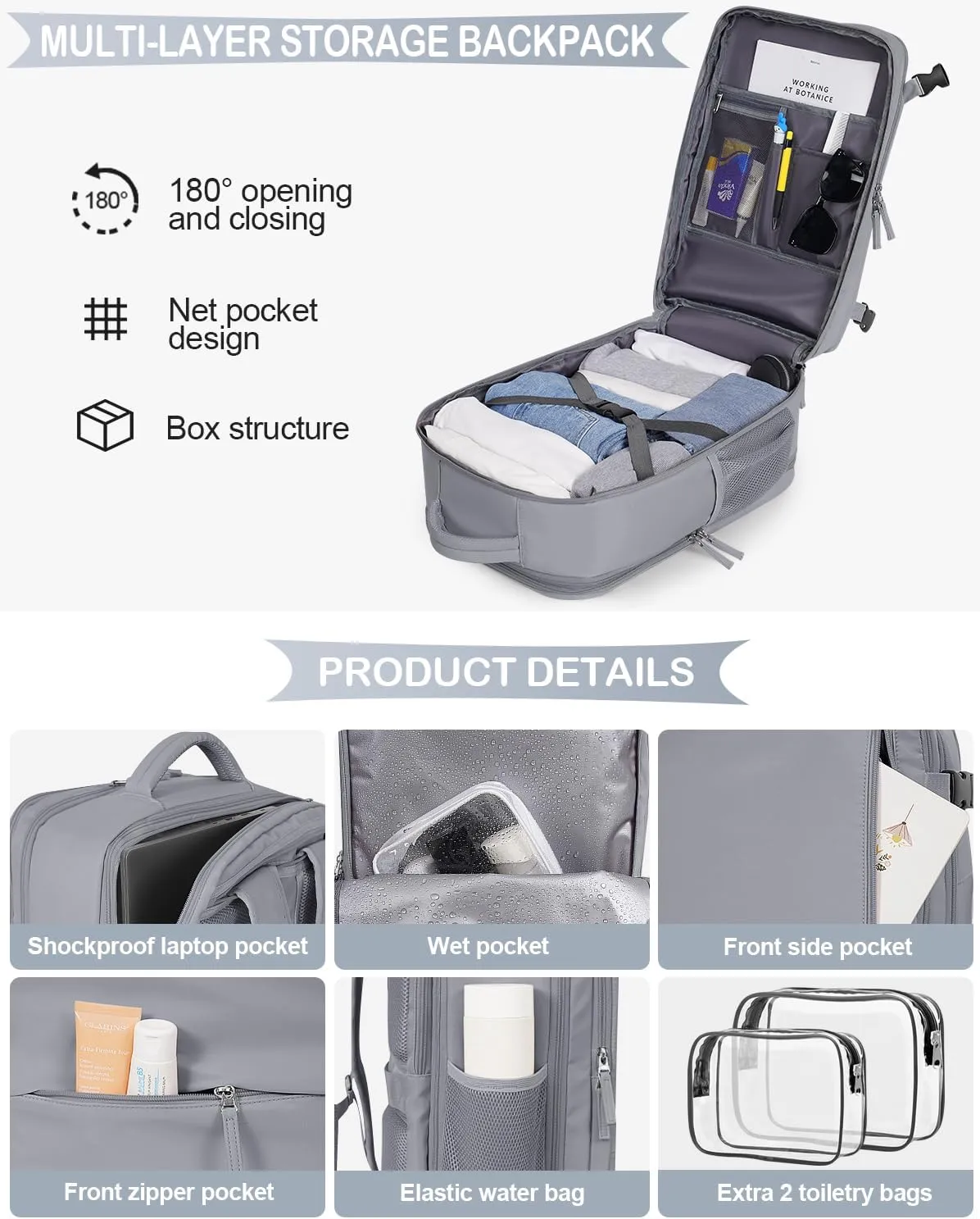 Large Travel Backpack, Carry On Backpack for Men Women, 17 Inch Laptop Backpack,40L Waterproof Backpack Airline Approved, Person Item Bag (Dark grey)