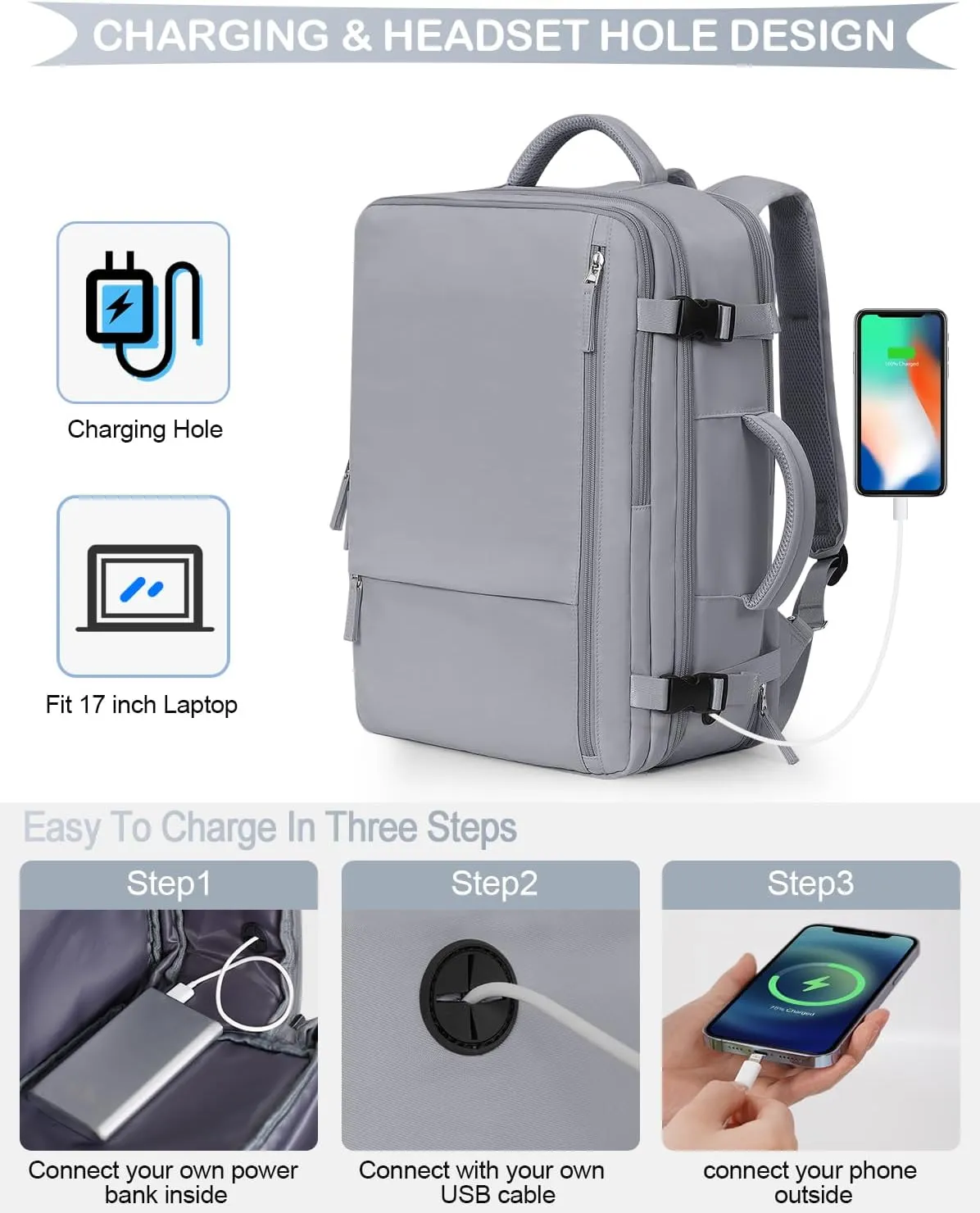 Large Travel Backpack, Carry On Backpack for Men Women, 17 Inch Laptop Backpack,40L Waterproof Backpack Airline Approved, Person Item Bag (Dark grey)