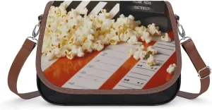 Leather Crossbody Bags, Cinema Clapboard And Popcorn Women Crossbody Bag,Leather Flapover Crossbody Purse with Adjustable Strap & Flip, Style