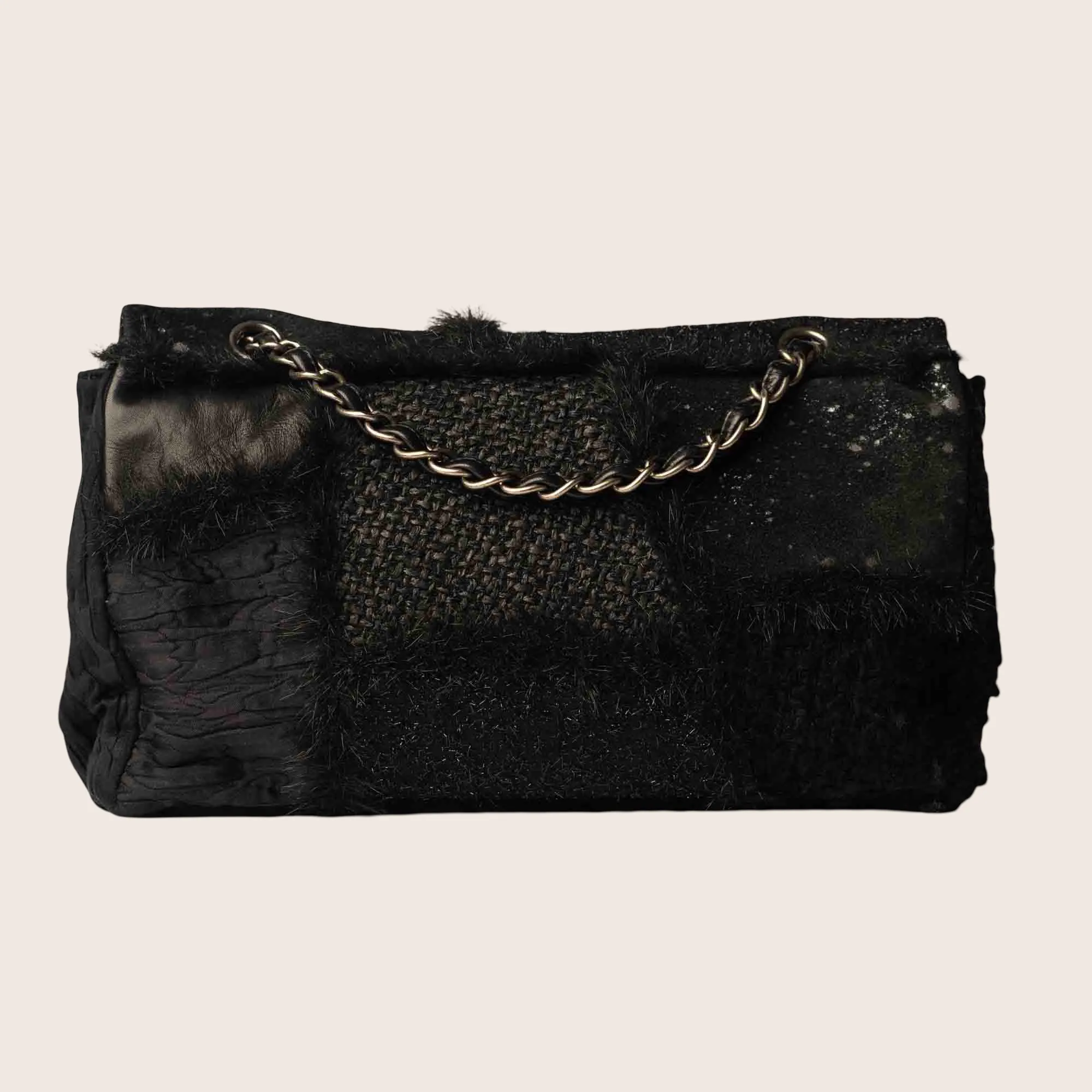 Leather, Free shipping discount Flap Door-to-door delivery Tweed and Fantasy Chanel Patchwork Single Jumbo 2011 Bag Fabric, Fur