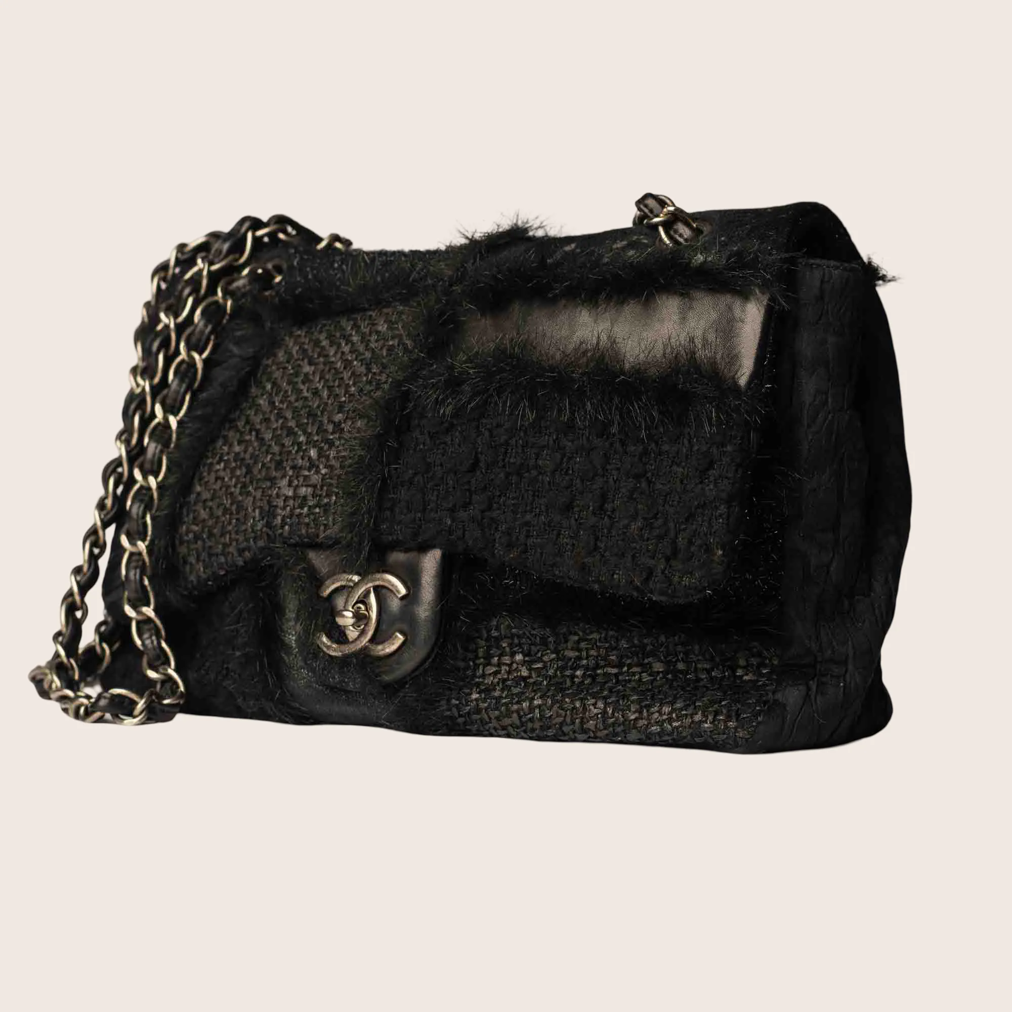 Leather, Free shipping discount Flap Door-to-door delivery Tweed and Fantasy Chanel Patchwork Single Jumbo 2011 Bag Fabric, Fur