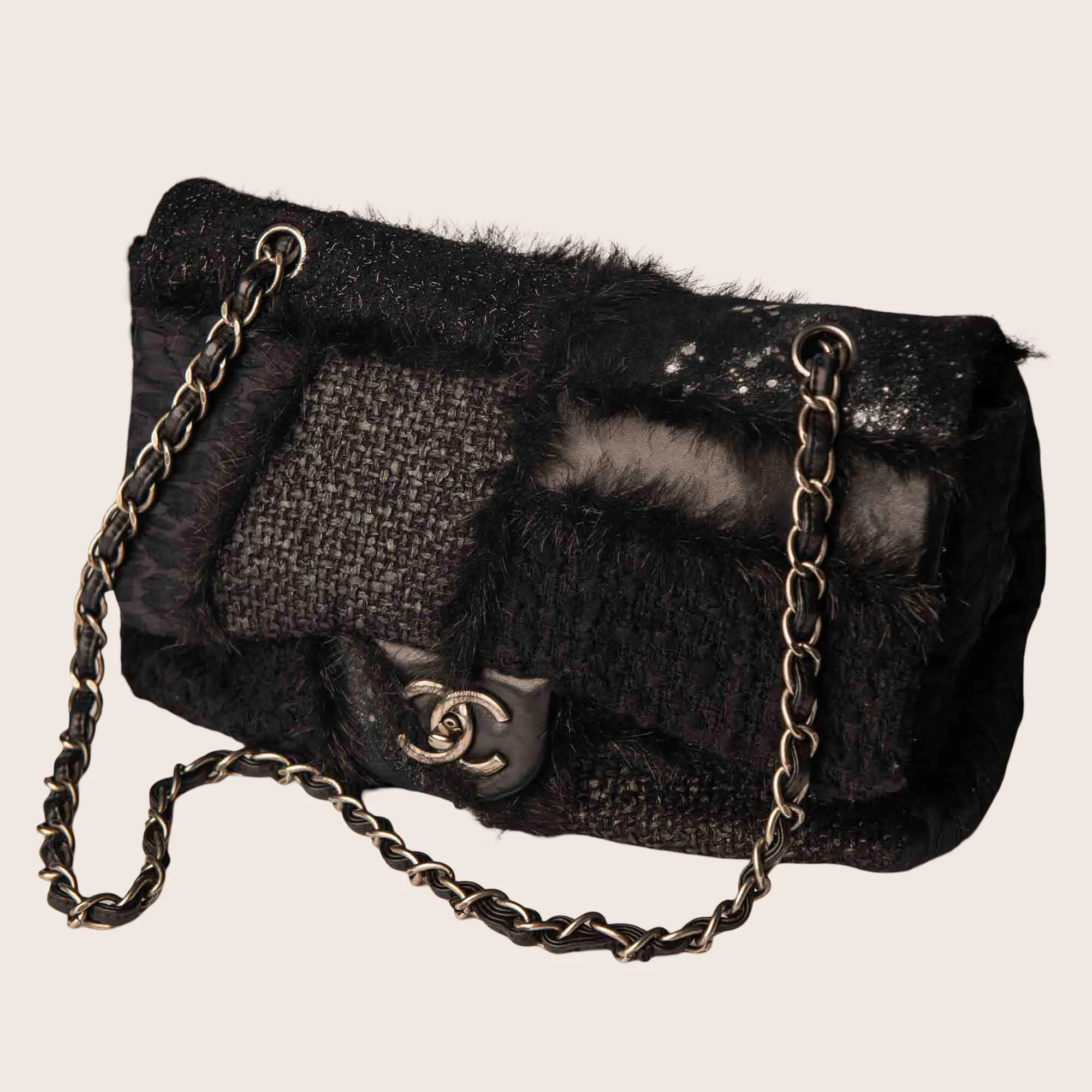 Leather, Free shipping discount Flap Door-to-door delivery Tweed and Fantasy Chanel Patchwork Single Jumbo 2011 Bag Fabric, Fur