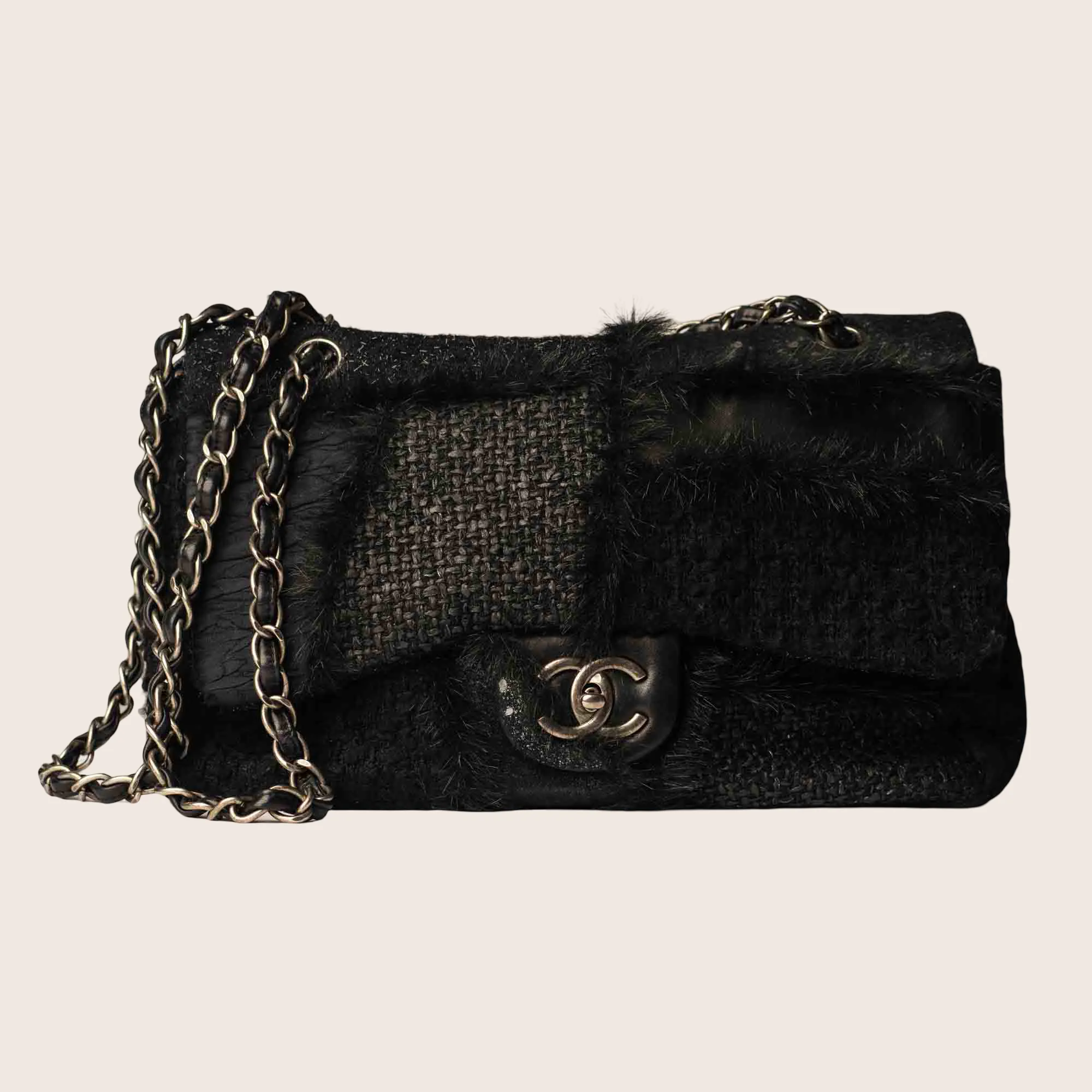 Leather, Free shipping discount Flap Door-to-door delivery Tweed and Fantasy Chanel Patchwork Single Jumbo 2011 Bag Fabric, Fur