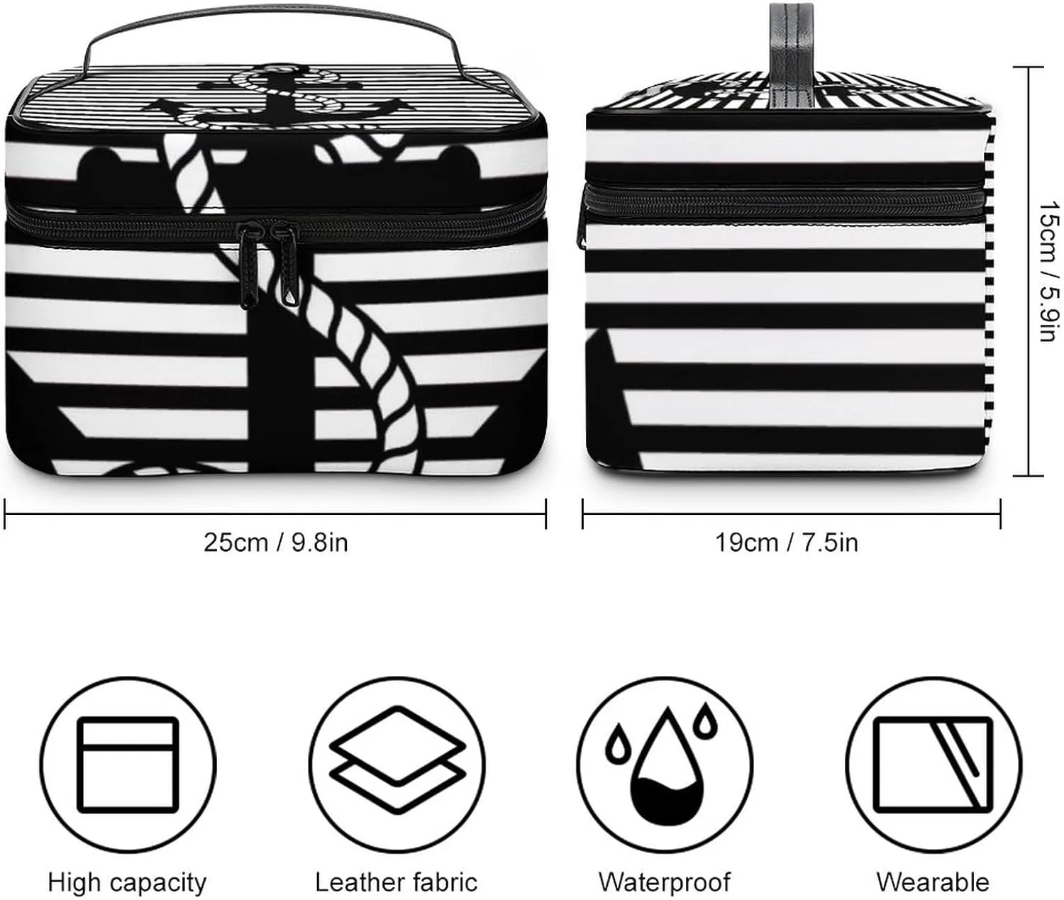 Leather Portable Makeup Bag, Nautical Black White Stripes and Black Anchor Travel Cosmetic Bag Makeup Organizer Case Large Capacity Zipper Toiletry Bag for Women