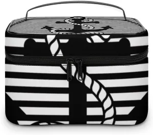 Leather Portable Makeup Bag, Nautical Black White Stripes and Black Anchor Travel Cosmetic Bag Makeup Organizer Case Large Capacity Zipper Toiletry Bag for Women