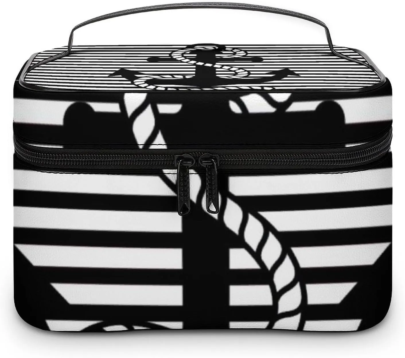 Leather Portable Makeup Bag, Nautical Black White Stripes and Black Anchor Travel Cosmetic Bag Makeup Organizer Case Large Capacity Zipper Toiletry Bag for Women