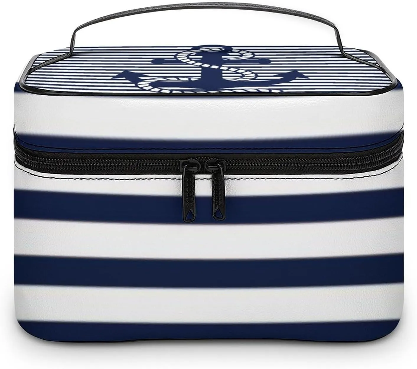 Leather Portable Makeup Bag, Nautical Navy Blue White Stripes and Blue Anchor Travel Cosmetic Bag Makeup Organizer Case Large Capacity Zipper Toiletry Bag for Women
