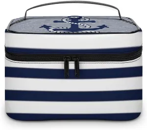 Leather Portable Makeup Bag, Nautical Navy Blue White Stripes and Blue Anchor Travel Cosmetic Bag Makeup Organizer Case Large Capacity Zipper Toiletry Bag for Women
