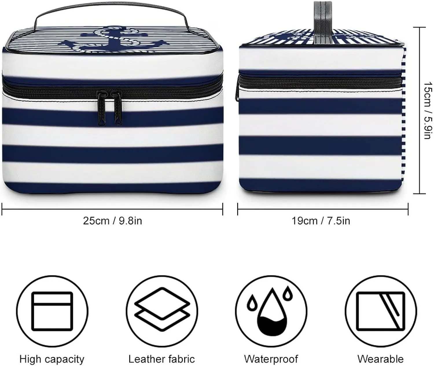 Leather Portable Makeup Bag, Nautical Navy Blue White Stripes and Blue Anchor Travel Cosmetic Bag Makeup Organizer Case Large Capacity Zipper Toiletry Bag for Women