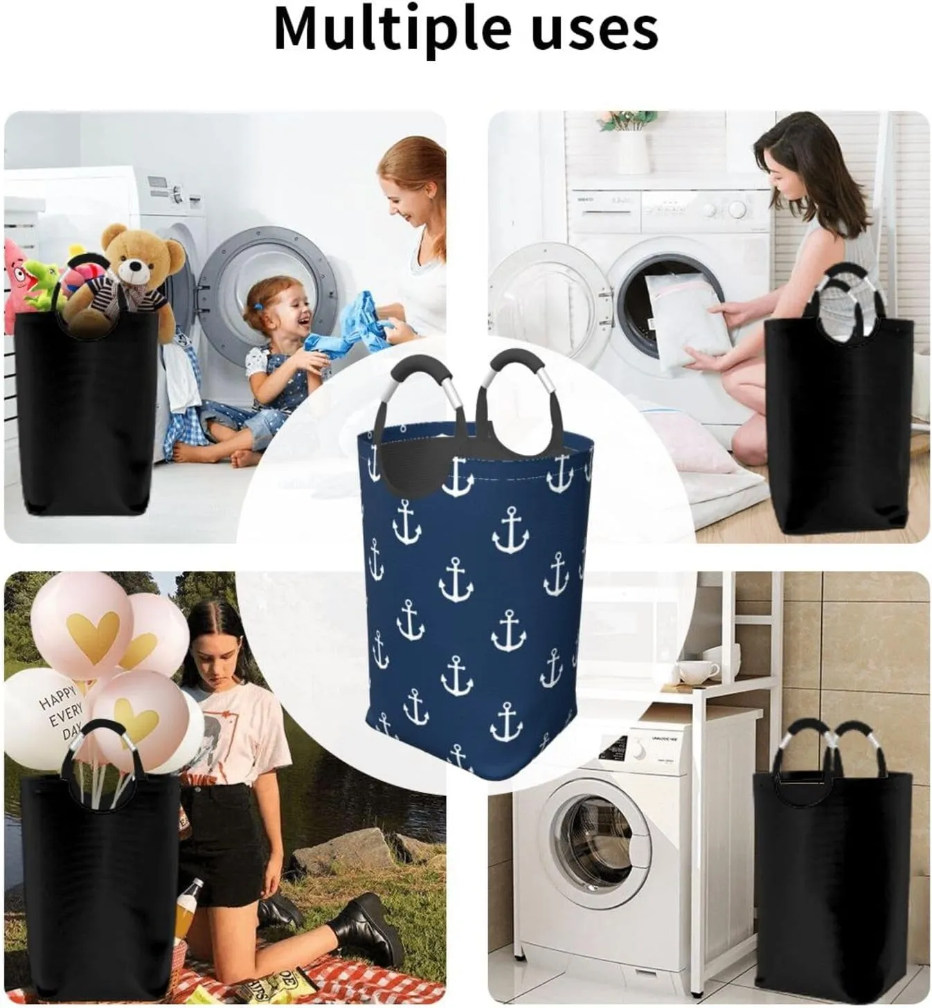 LIBIFALL Navy Blue Anchor Icon Large Laundry Basket Marine Theme Laundry Hamper Bag Collapsible Laundry Baskets Clothes Hamper with Handle Ocean Sailboat Storage Baskets For Dorm,Family,50L