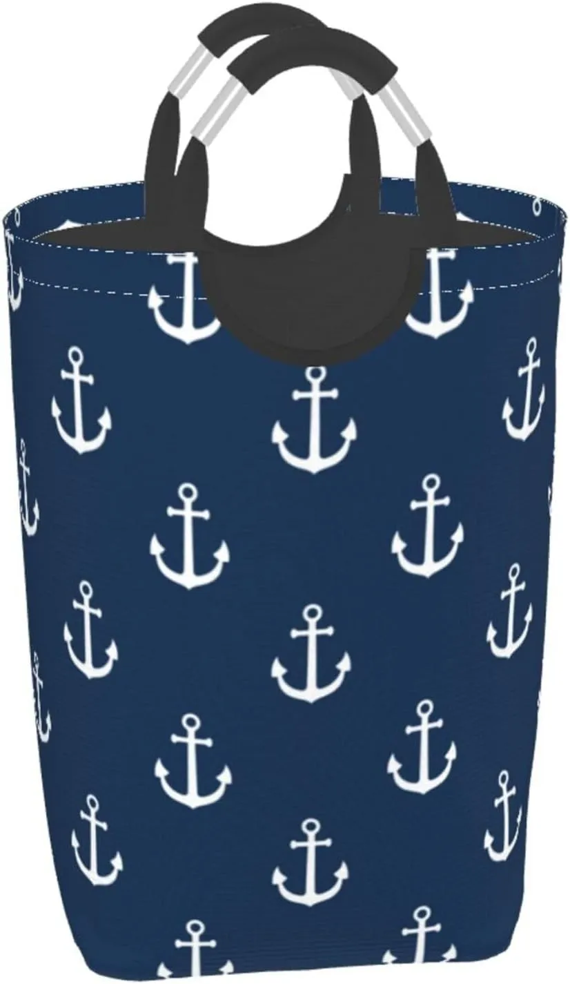 LIBIFALL Navy Blue Anchor Icon Large Laundry Basket Marine Theme Laundry Hamper Bag Collapsible Laundry Baskets Clothes Hamper with Handle Ocean Sailboat Storage Baskets For Dorm,Family,50L