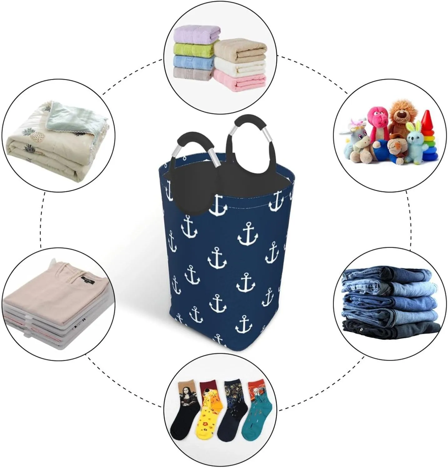 LIBIFALL Navy Blue Anchor Icon Large Laundry Basket Marine Theme Laundry Hamper Bag Collapsible Laundry Baskets Clothes Hamper with Handle Ocean Sailboat Storage Baskets For Dorm,Family,50L