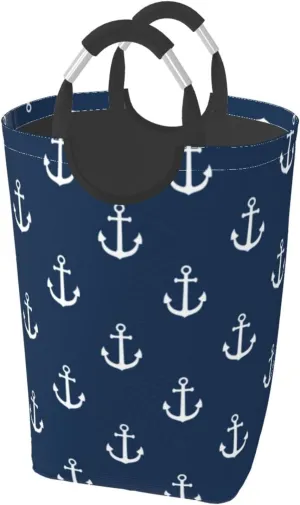 LIBIFALL Navy Blue Anchor Icon Large Laundry Basket Marine Theme Laundry Hamper Bag Collapsible Laundry Baskets Clothes Hamper with Handle Ocean Sailboat Storage Baskets For Dorm,Family,50L