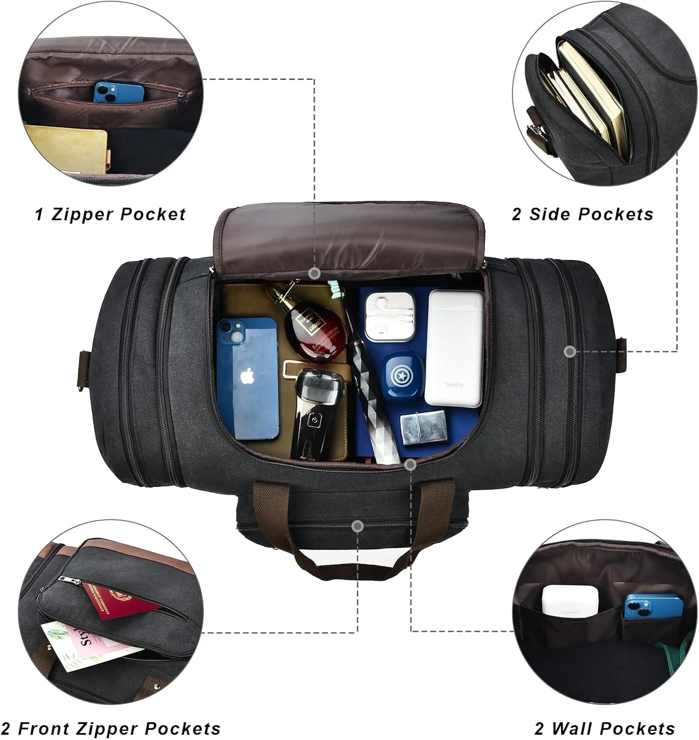 Litvyak Duffle Bag for Travel, Canvas Travel Duffel Bags Overnight Weekend Gym Carry on Luggage Bag for Men (Black Toiletry Bag)
