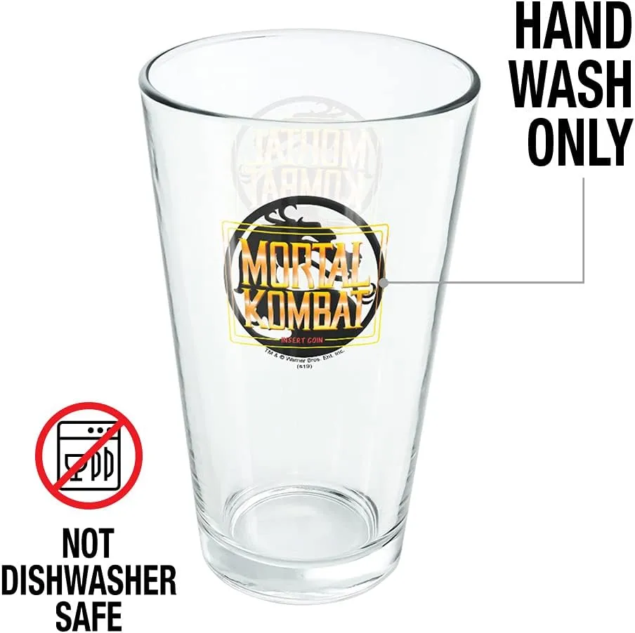 LOGOVISION Mortal Kombat Insert Coin 16 oz Pint Glass, Tempered Glass, Licensed Printed Design & A Perfect Fan Gift | Great for Cold Beverages, Soda, Water