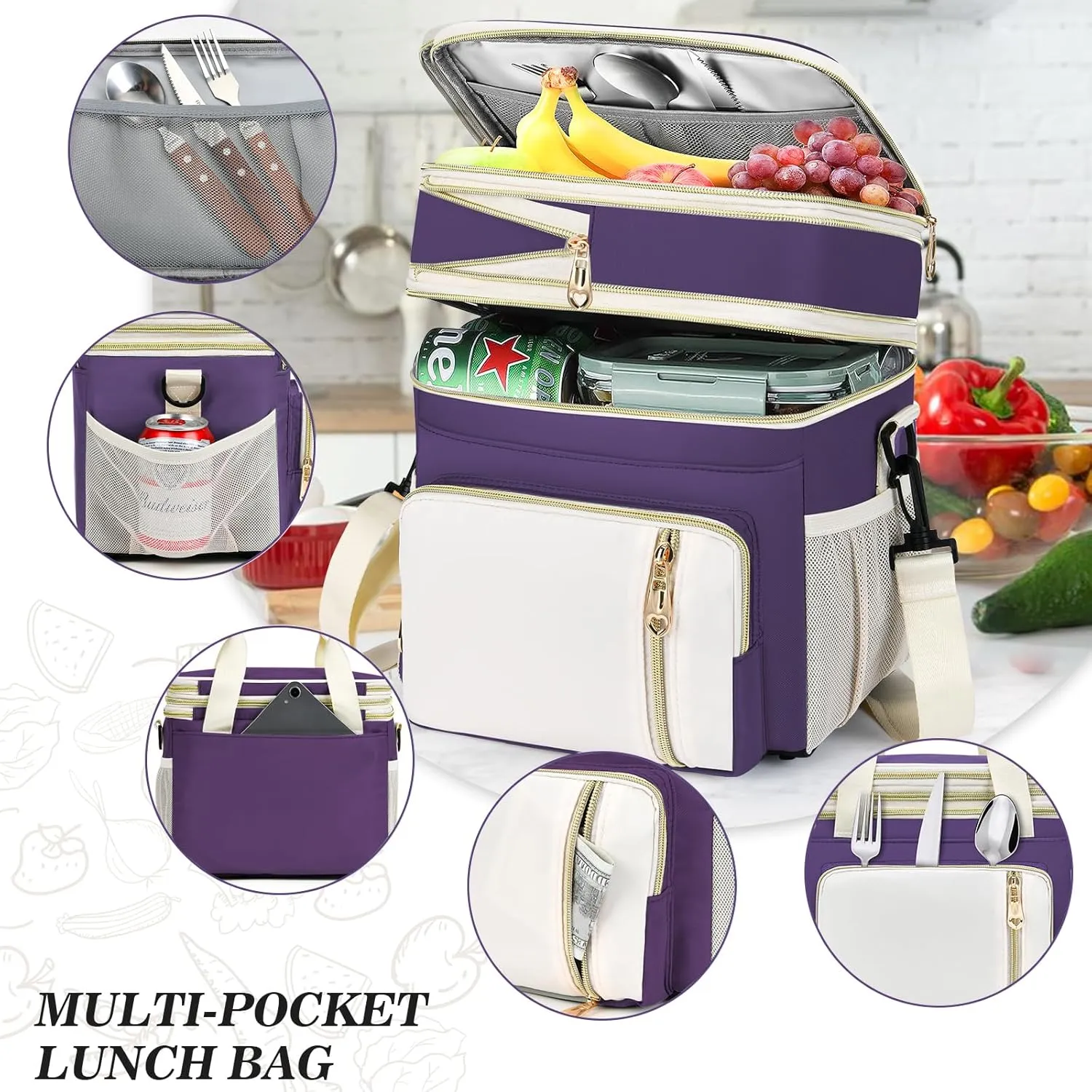 LOKASS Expandable Lunch Box for Women | Adult Lunchbag Cooler Tote Bag with Adjustable Shoulder Strap | Insulated Reusable Womens Lunch Bags for Work Camping Beach | 16L, Purple