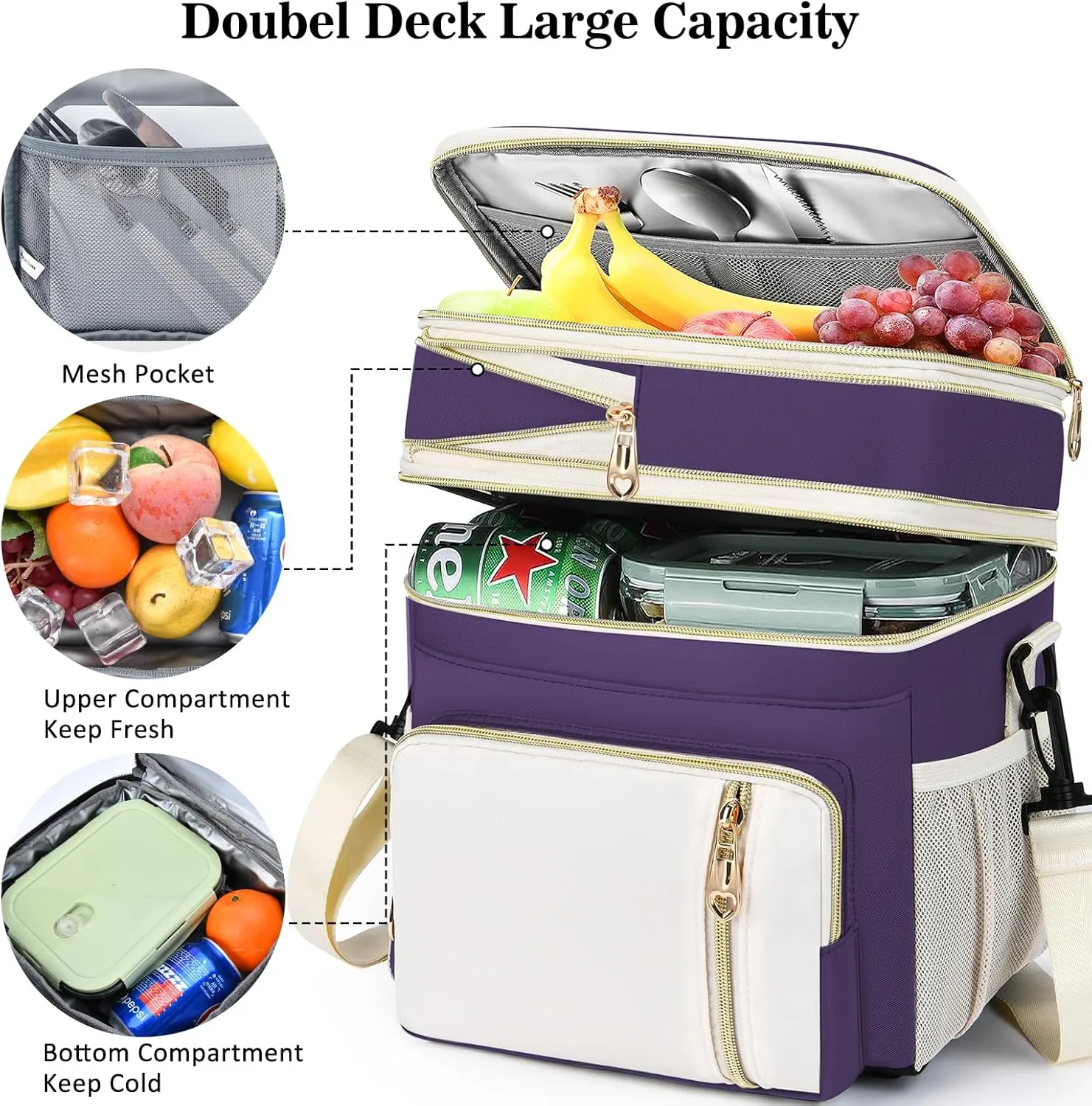 LOKASS Expandable Lunch Box for Women | Adult Lunchbag Cooler Tote Bag with Adjustable Shoulder Strap | Insulated Reusable Womens Lunch Bags for Work Camping Beach | 16L, Purple