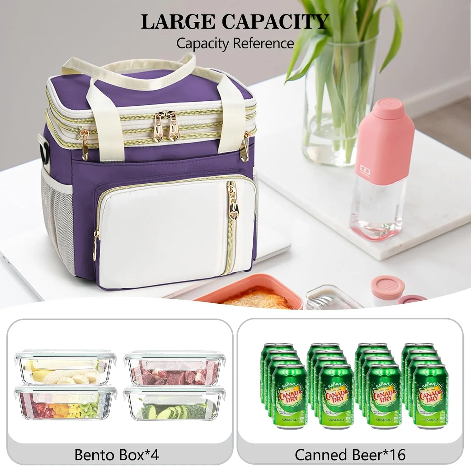 LOKASS Expandable Lunch Box for Women | Adult Lunchbag Cooler Tote Bag with Adjustable Shoulder Strap | Insulated Reusable Womens Lunch Bags for Work Camping Beach | 16L, Purple