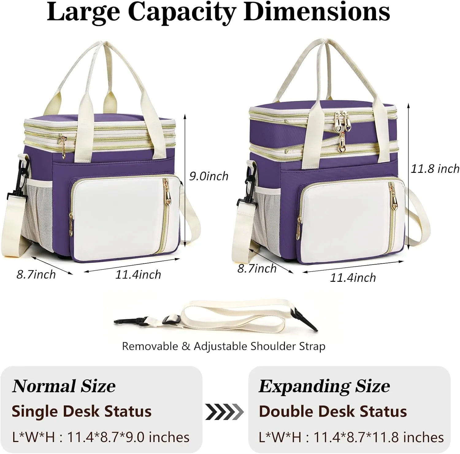 LOKASS Expandable Lunch Box for Women | Adult Lunchbag Cooler Tote Bag with Adjustable Shoulder Strap | Insulated Reusable Womens Lunch Bags for Work Camping Beach | 16L, Purple