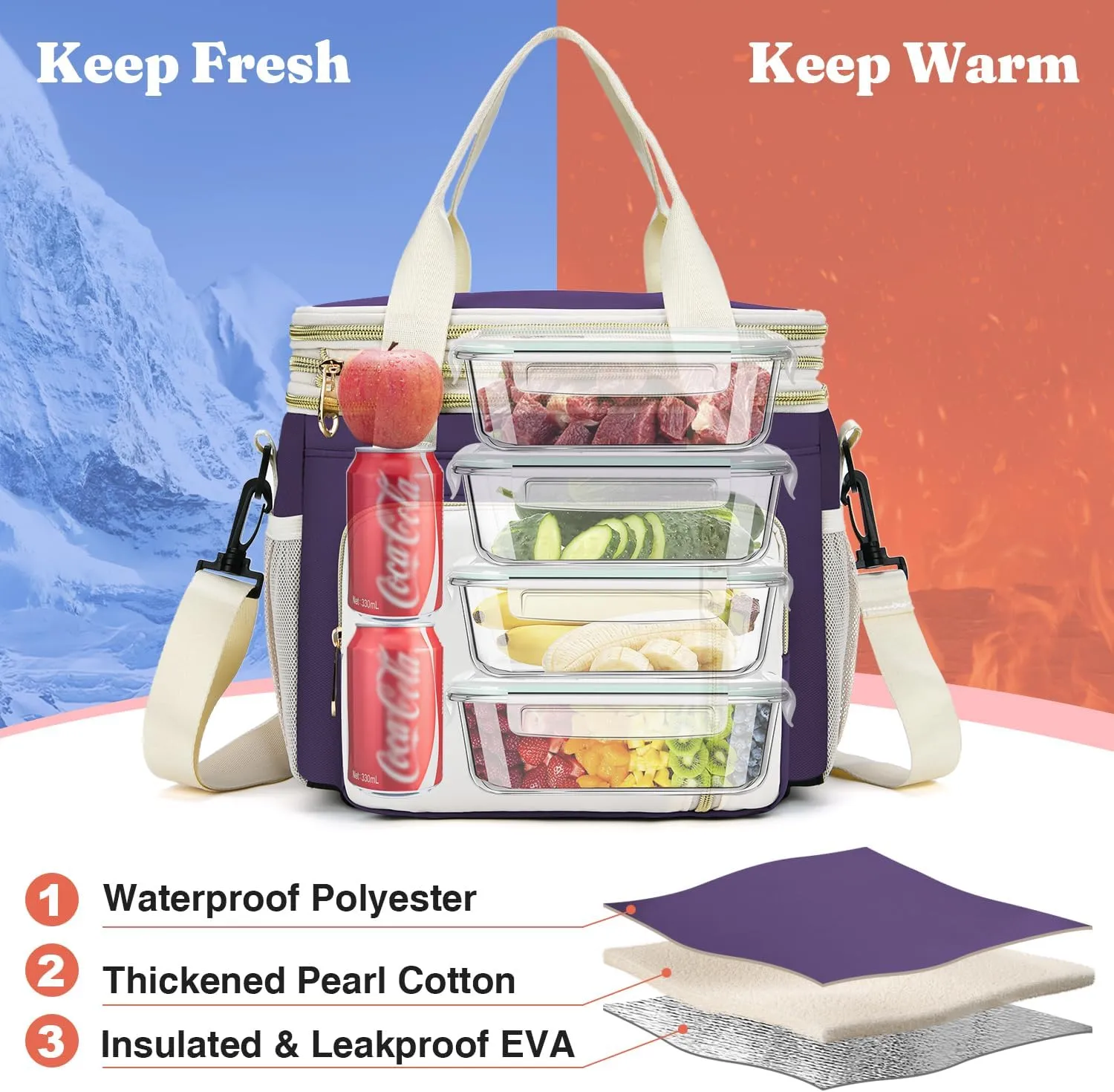 LOKASS Expandable Lunch Box for Women | Adult Lunchbag Cooler Tote Bag with Adjustable Shoulder Strap | Insulated Reusable Womens Lunch Bags for Work Camping Beach | 16L, Purple