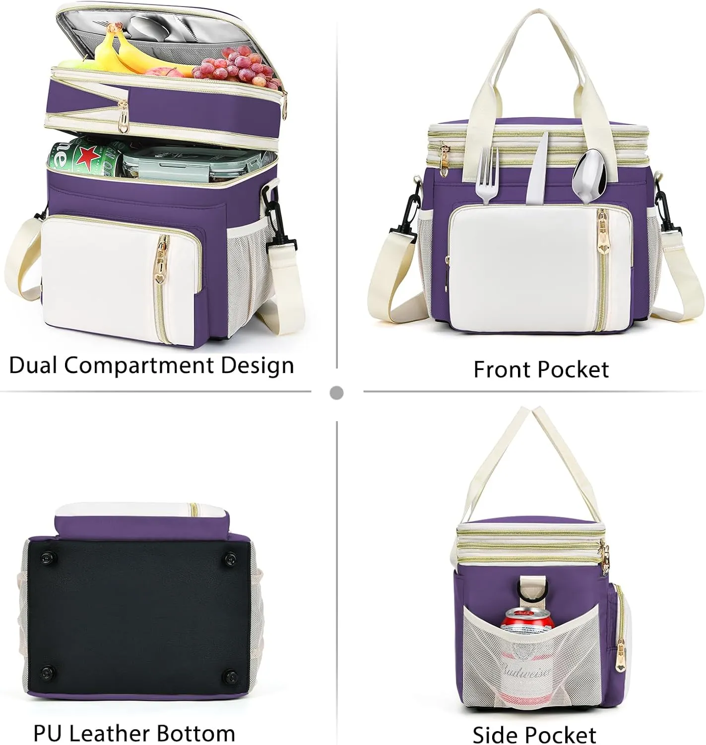 LOKASS Expandable Lunch Box for Women | Adult Lunchbag Cooler Tote Bag with Adjustable Shoulder Strap | Insulated Reusable Womens Lunch Bags for Work Camping Beach | 16L, Purple