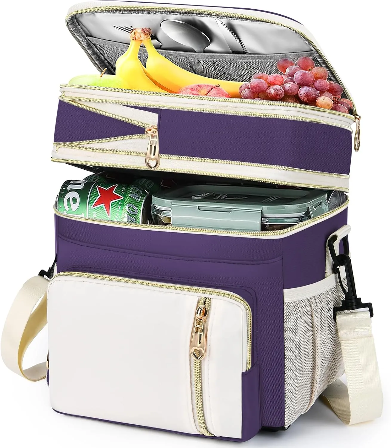 LOKASS Expandable Lunch Box for Women | Adult Lunchbag Cooler Tote Bag with Adjustable Shoulder Strap | Insulated Reusable Womens Lunch Bags for Work Camping Beach | 16L, Purple