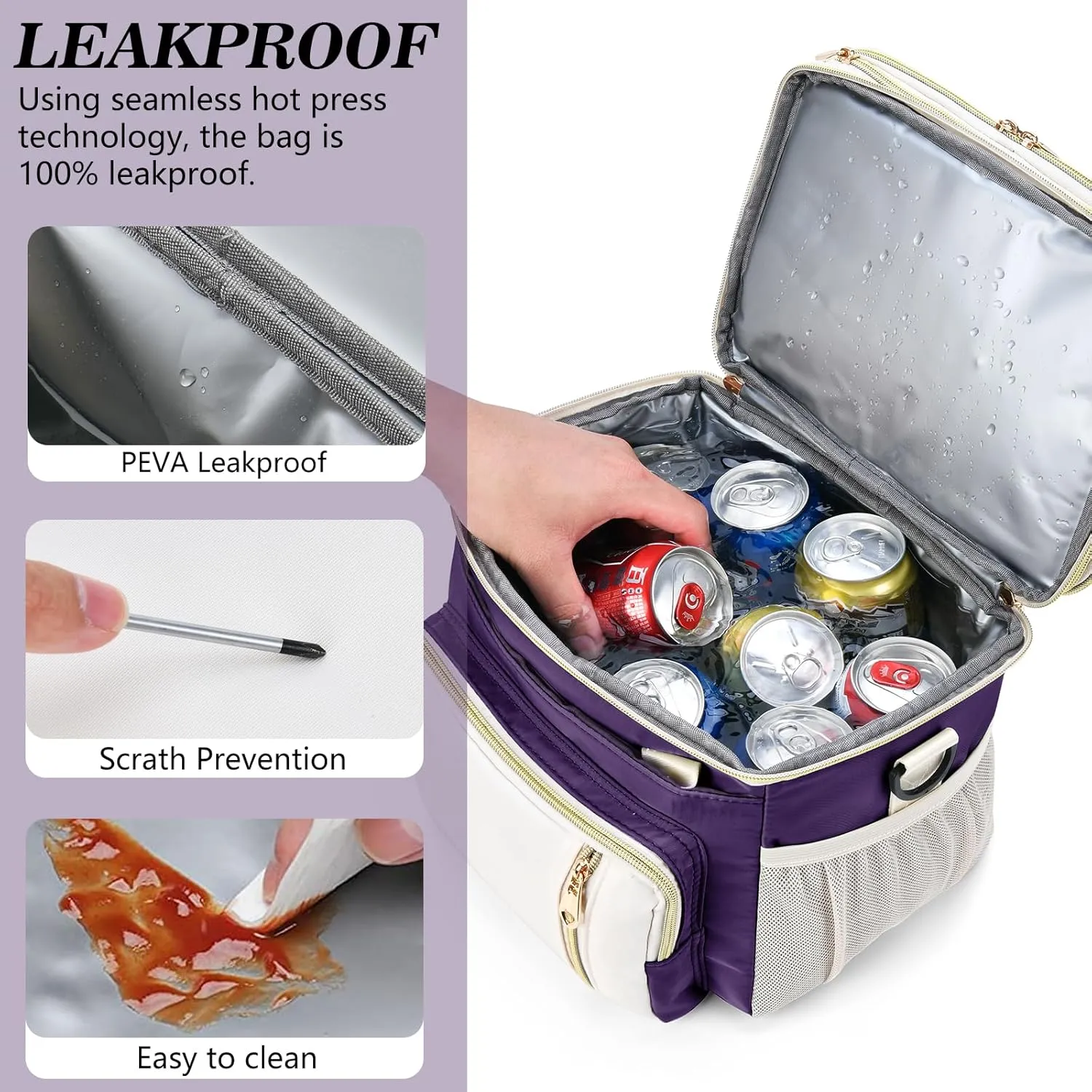 LOKASS Expandable Lunch Box for Women | Adult Lunchbag Cooler Tote Bag with Adjustable Shoulder Strap | Insulated Reusable Womens Lunch Bags for Work Camping Beach | 16L, Purple