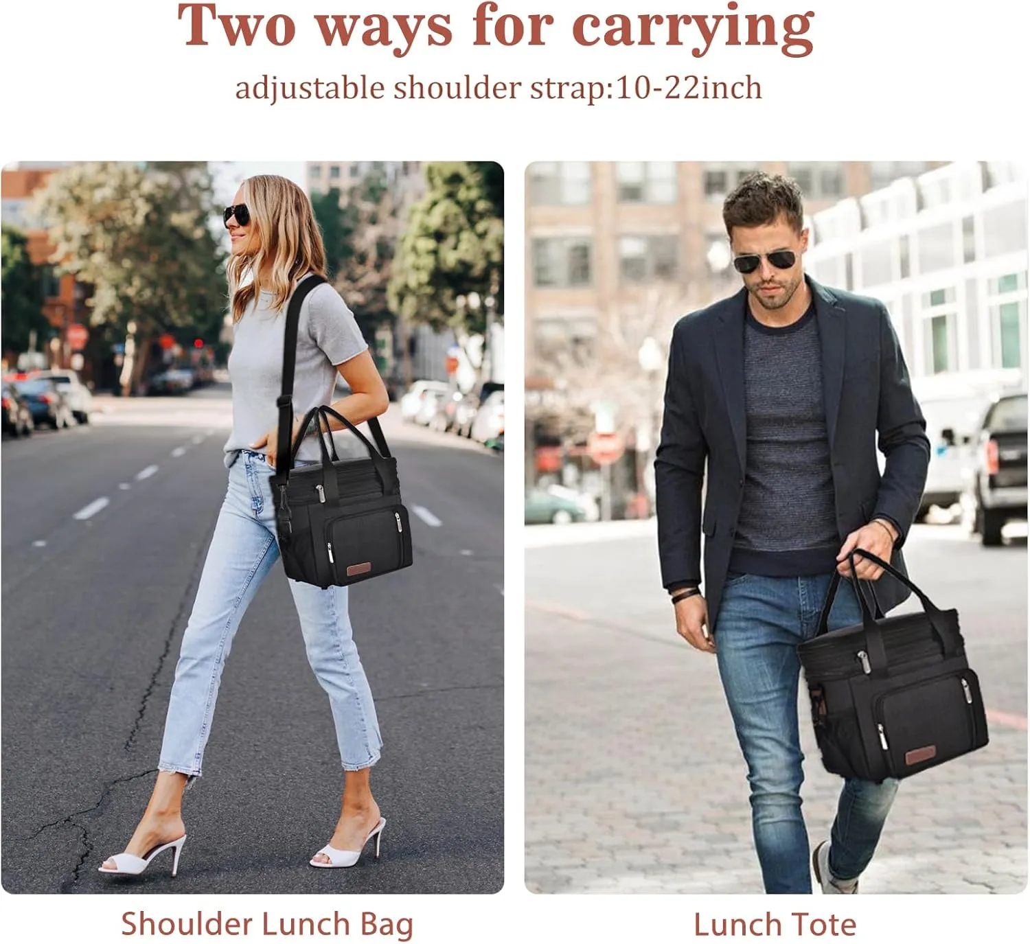 LOKASS Expandable Lunch Box for Women Men | Adult Lunchbag Cooler Tote Bag with Adjustable Shoulder Strap | Insulated Reusable Womens Lunch Bags for Work Camping Beach | 16L, Black