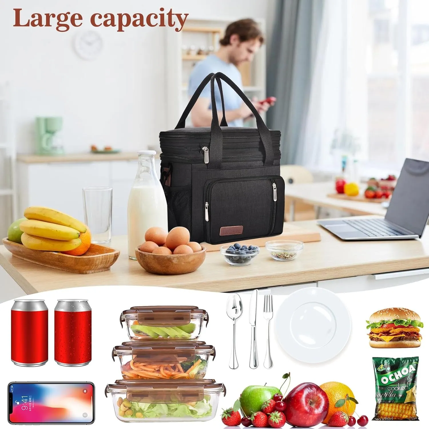 LOKASS Expandable Lunch Box for Women Men | Adult Lunchbag Cooler Tote Bag with Adjustable Shoulder Strap | Insulated Reusable Womens Lunch Bags for Work Camping Beach | 16L, Black