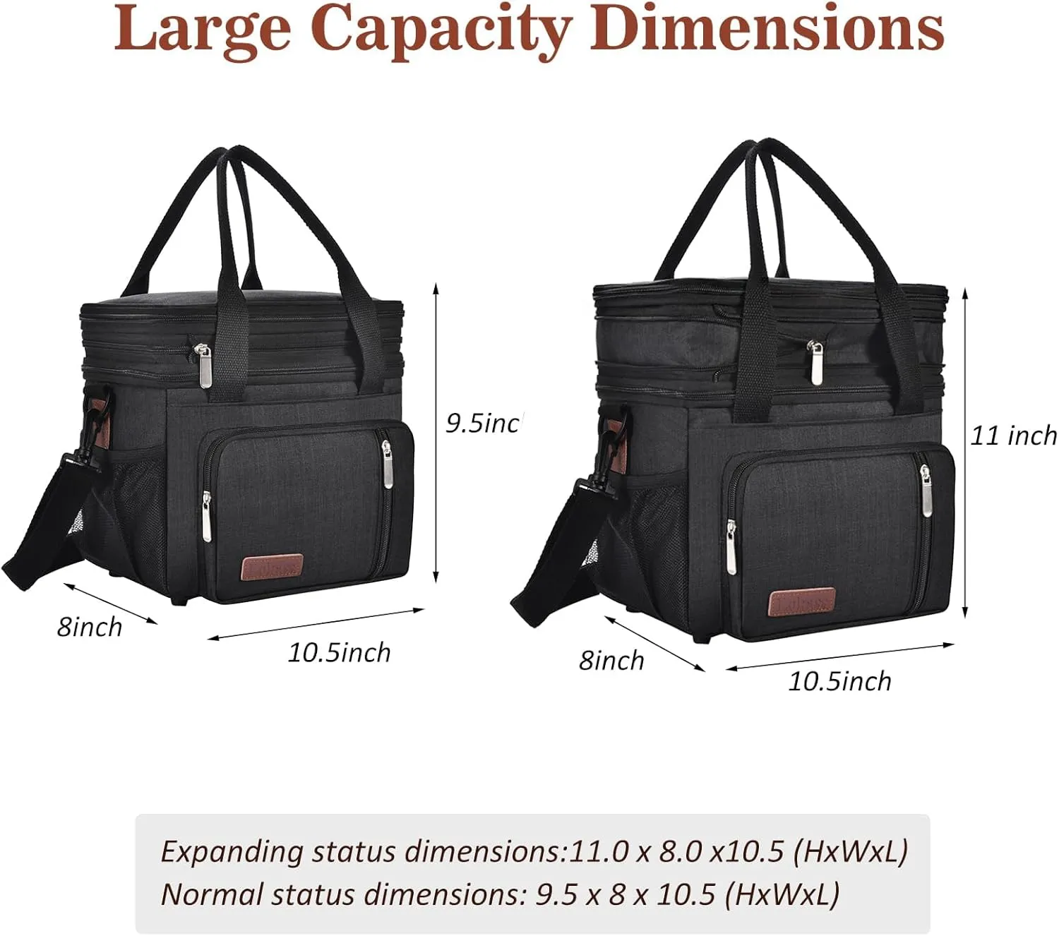 LOKASS Expandable Lunch Box for Women Men | Adult Lunchbag Cooler Tote Bag with Adjustable Shoulder Strap | Insulated Reusable Womens Lunch Bags for Work Camping Beach | 16L, Black