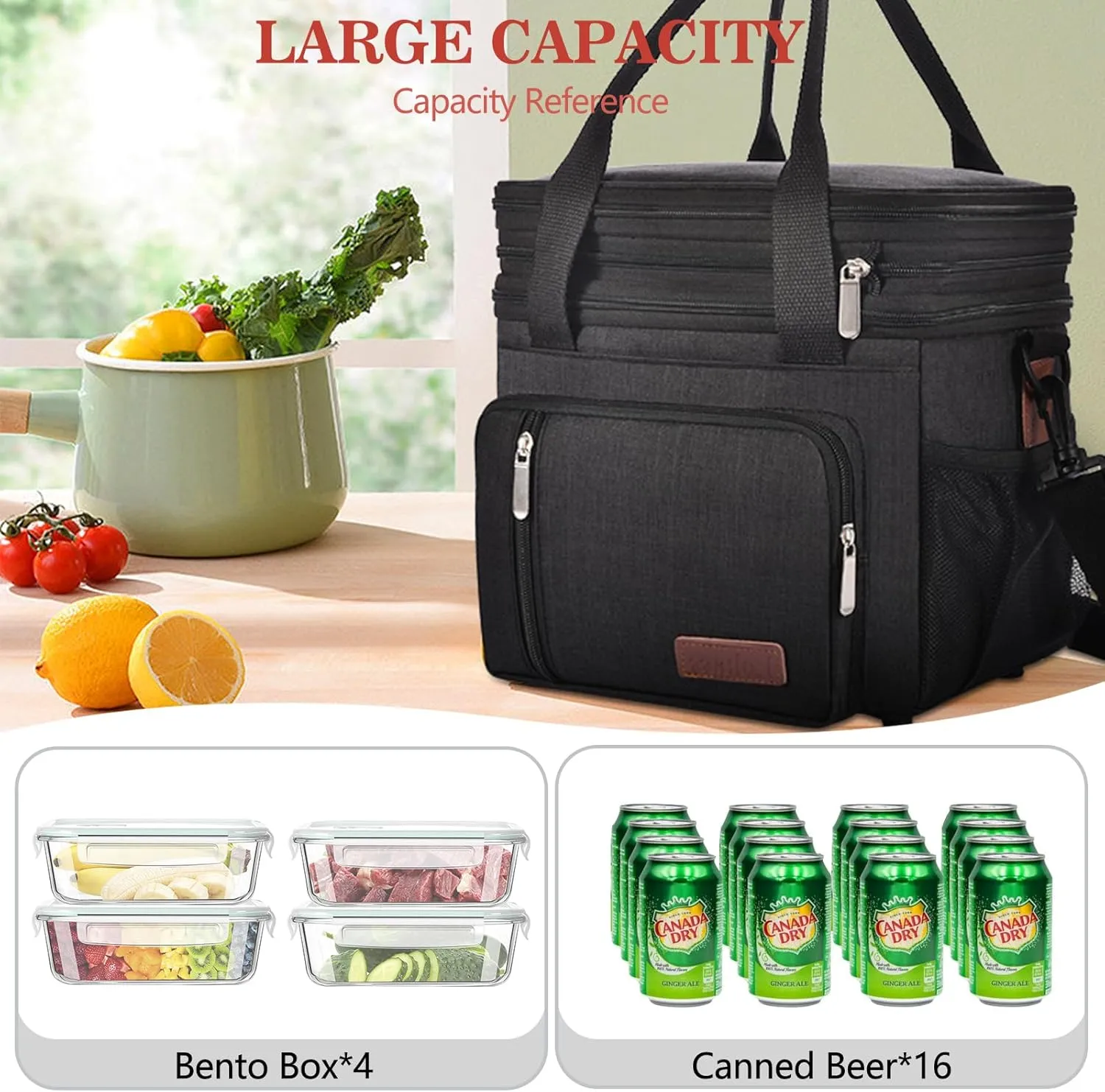 LOKASS Expandable Lunch Box for Women Men | Adult Lunchbag Cooler Tote Bag with Adjustable Shoulder Strap | Insulated Reusable Womens Lunch Bags for Work Camping Beach | 16L, Black