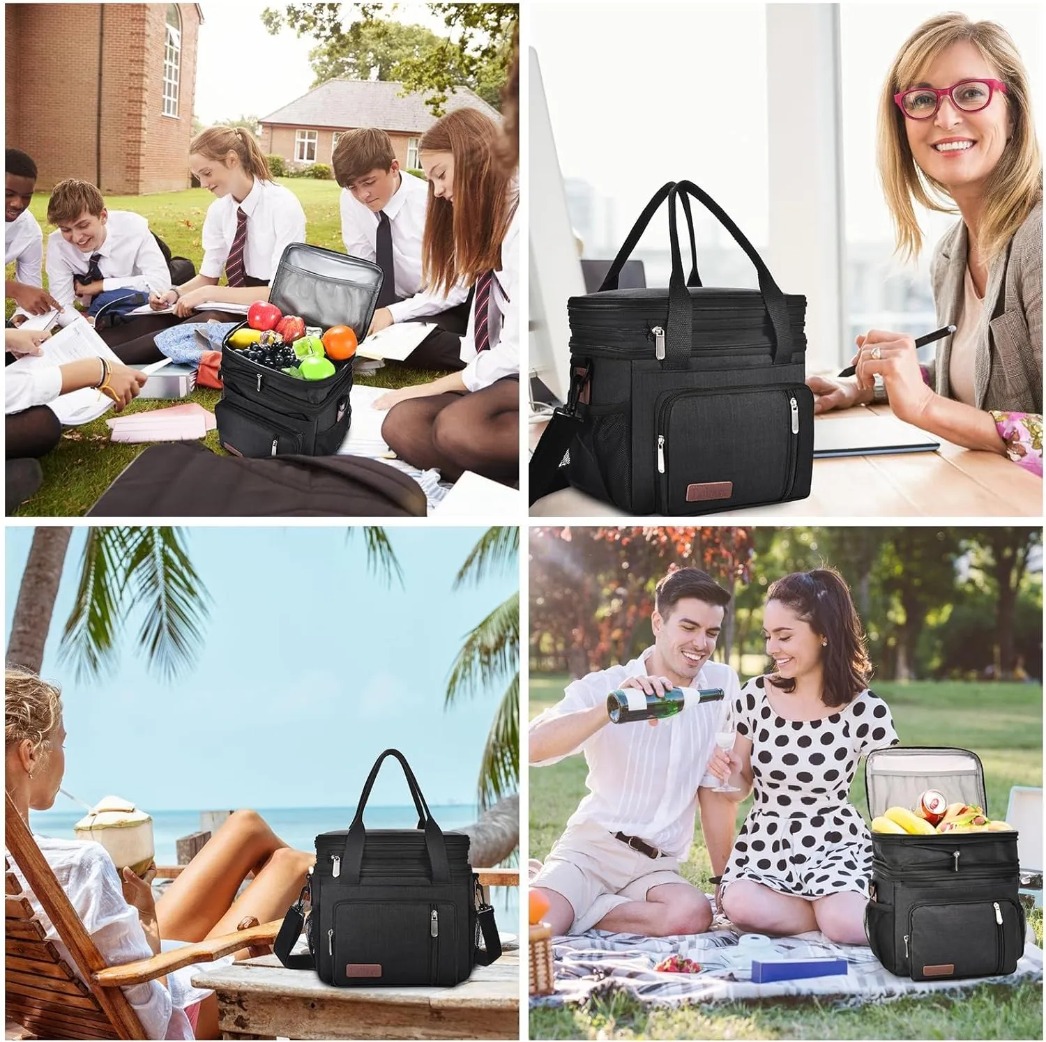 LOKASS Expandable Lunch Box for Women Men | Adult Lunchbag Cooler Tote Bag with Adjustable Shoulder Strap | Insulated Reusable Womens Lunch Bags for Work Camping Beach | 16L, Black