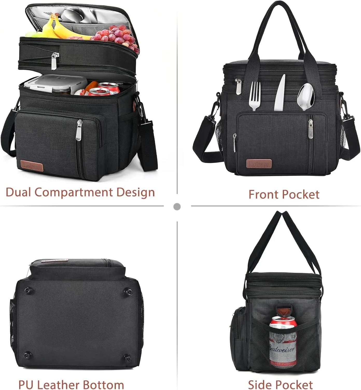 LOKASS Expandable Lunch Box for Women Men | Adult Lunchbag Cooler Tote Bag with Adjustable Shoulder Strap | Insulated Reusable Womens Lunch Bags for Work Camping Beach | 16L, Black
