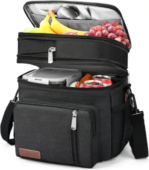 LOKASS Expandable Lunch Box for Women Men | Adult Lunchbag Cooler Tote Bag with Adjustable Shoulder Strap | Insulated Reusable Womens Lunch Bags for Work Camping Beach | 16L, Black