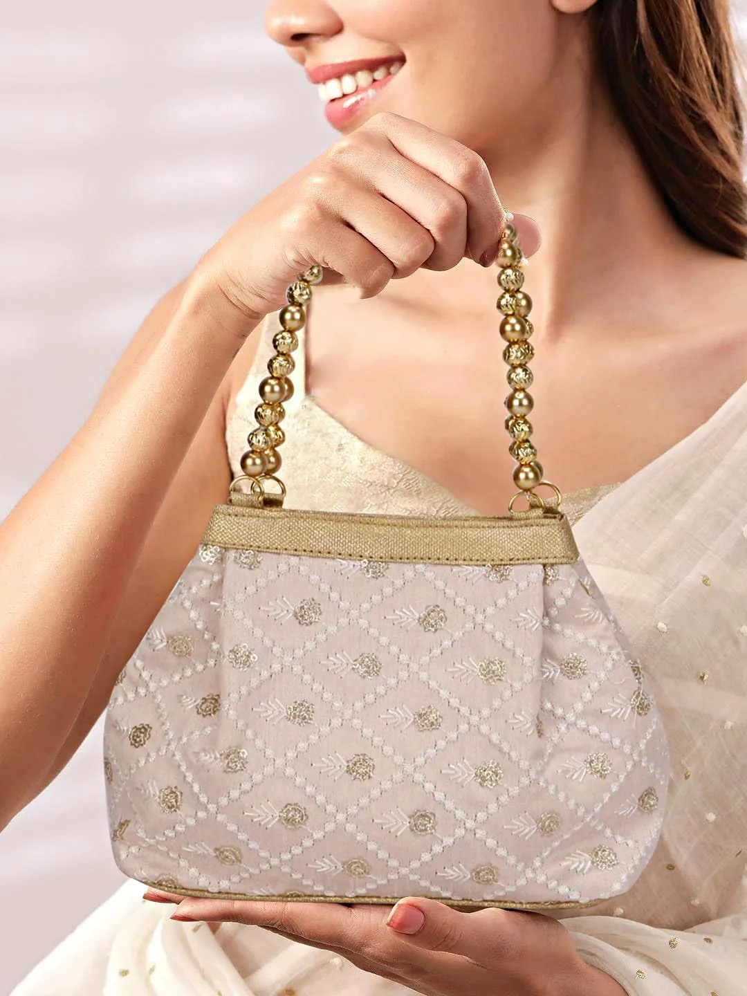 LONGING TO BUY Indian Ethnic Designer Embroidered Silk Potli Bag Batwa Pearls Handle Purse