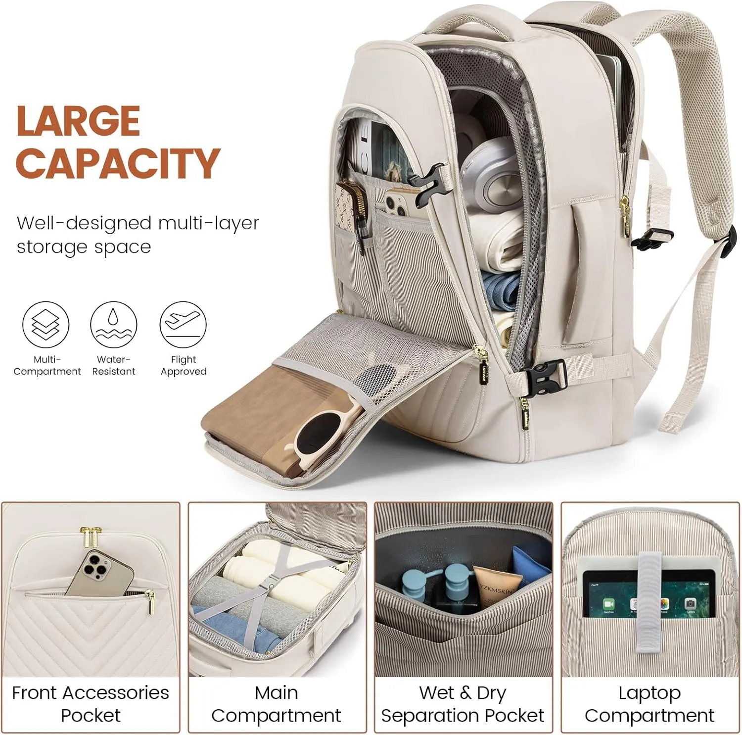 LOVEVOOK Travel Backpack for Women, TSA Personal Item Travel Bag fits 18" Laptop, Carry On Backpack for Weekender Business Hiking, Beige