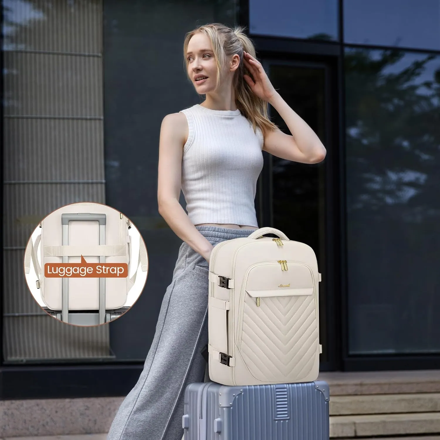 LOVEVOOK Travel Backpack for Women, TSA Personal Item Travel Bag fits 18" Laptop, Carry On Backpack for Weekender Business Hiking, Beige