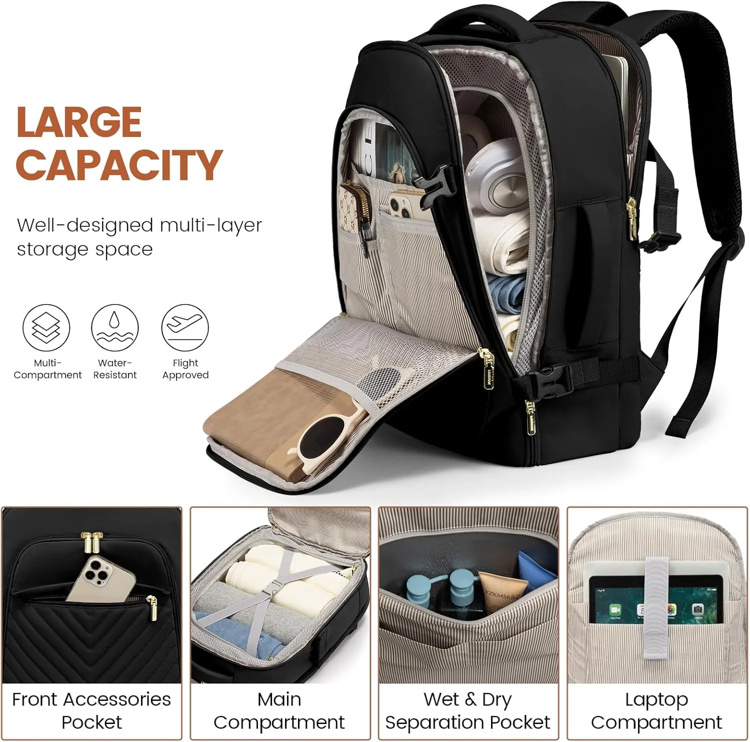 LOVEVOOK Travel Backpack for Women, TSA Personal Item Travel Bag fits 18" Laptop, Carry On Backpack for Weekender Business Hiking, Black