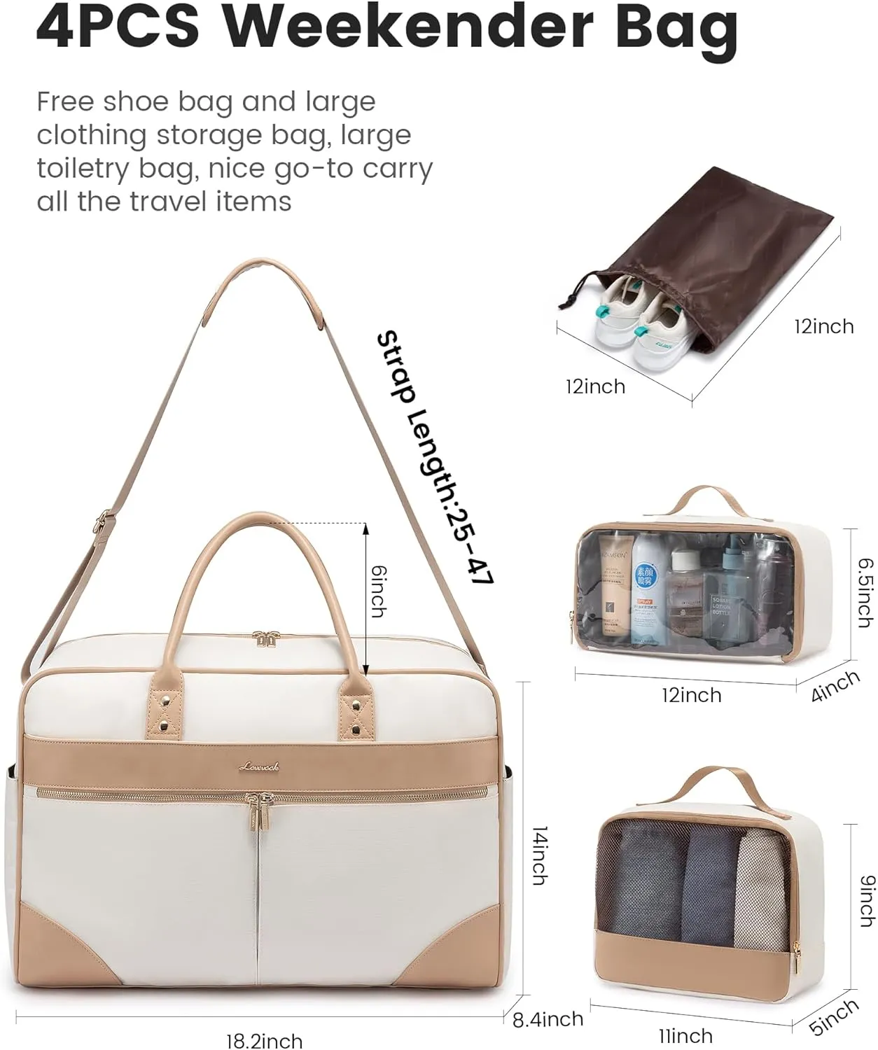 LOVEVOOK Weekender Travel Bag, Carry On Overnight Duffle Bag with Laptop Compartment, 4PCS Gym Duffel Bag for Women