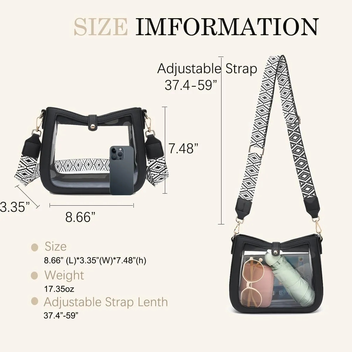LOXOMU Clear Crossbody Bags Stadium Approved, Clear Purses with Guitar Strap Clear bag for Stadium Events, Concerts