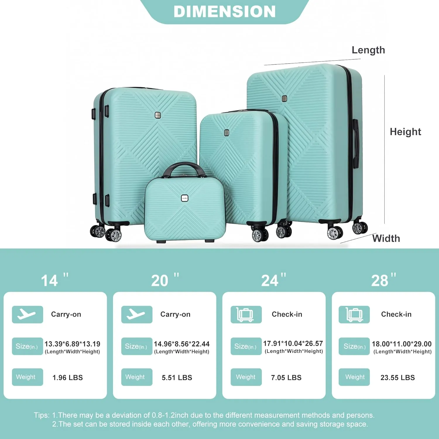 Luggage Sets 4 Piece Suitcase Set ABS Lightweight Carry On Luggage with Spinner Wheels, Hardside Suitcases Durable Luggage Hardside (14/20/24/28) Light Blue