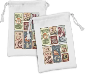 Lunarable 1950s Fabric Pouch Set of 2, Vintage Style Signs Advertising Beverage Coffee Drink Aged Glass Tropical Nostalgia, Small Drawstring Bag for Toiletries Masks and Favors, 9" x 6", Multicolor