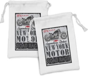 Lunarable New York Fabric Pouch Set of 2, Riders New York Road Race Message Advertisement Design, Small Drawstring Bag for Toiletries Masks and Favors, 9" x 6", Black Grey and Scarlet