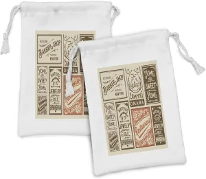 Lunarable Old Newspaper Fabric Pouch Set of 2, Various Advertisement Signs Barber Shop Restaurant Camping Retro Style, Small Drawstring Bag for Toiletries Masks and Favors, 9" x 6", Brown Orange Tan