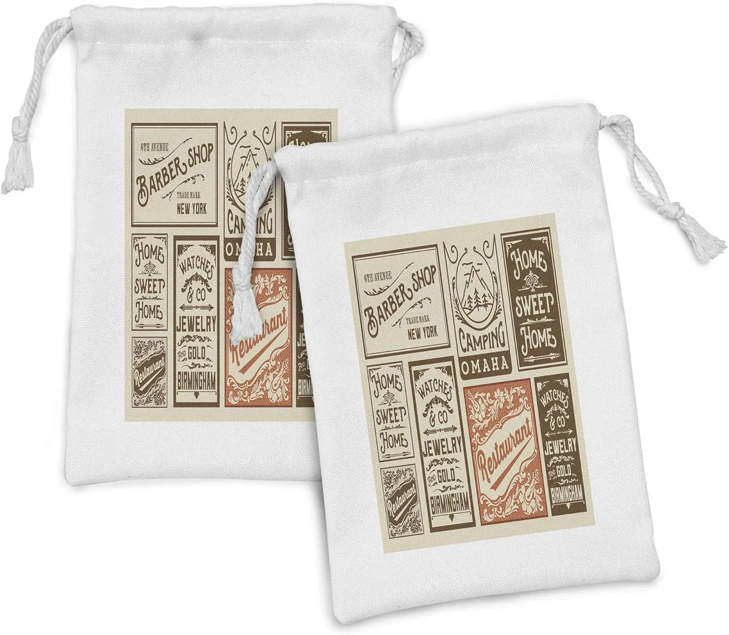 Lunarable Old Newspaper Fabric Pouch Set of 2, Various Advertisement Signs Barber Shop Restaurant Camping Retro Style, Small Drawstring Bag for Toiletries Masks and Favors, 9" x 6", Brown Orange Tan