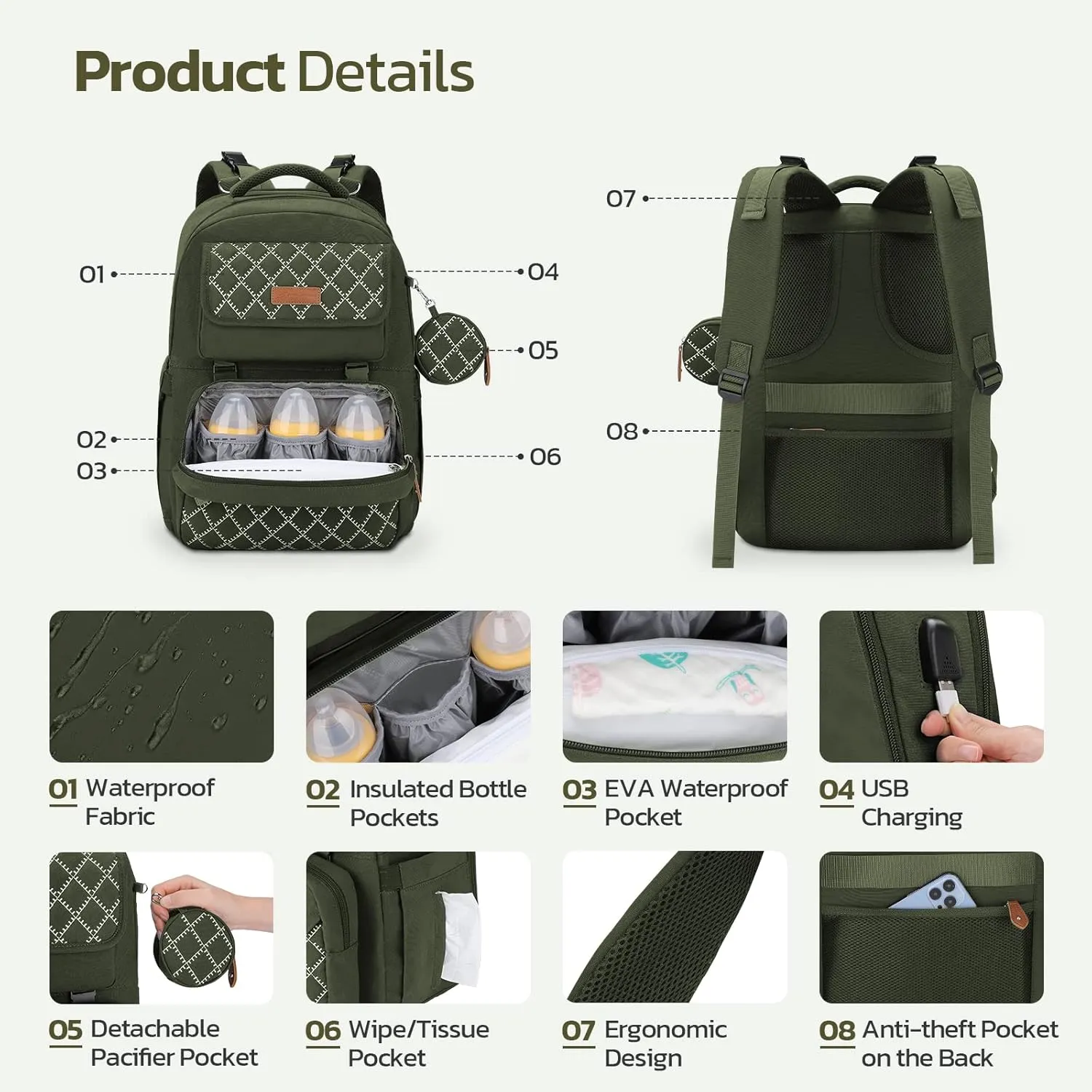 Maelstrom Large Diaper Bag,29L-45L Expandable Diaper Bag Backpack for 2 Kids/Twins Baby Stuff, with Removable Cross Body Bottle Bag for Mom/Dad,Stylish Baby Bag Gift for Boys/Girl-Army Green