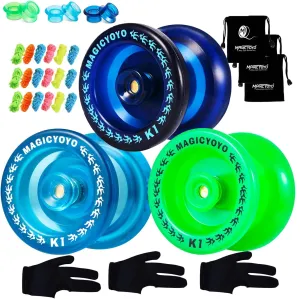 MAGICYOYO Pack of 3 Beginner Yoyos for Kids, MAGICYOYO K1-Plus Responsive YoYos with 3 Yo Yo Gloves, 3 Bags, 18 Strings, All in A Gift Box